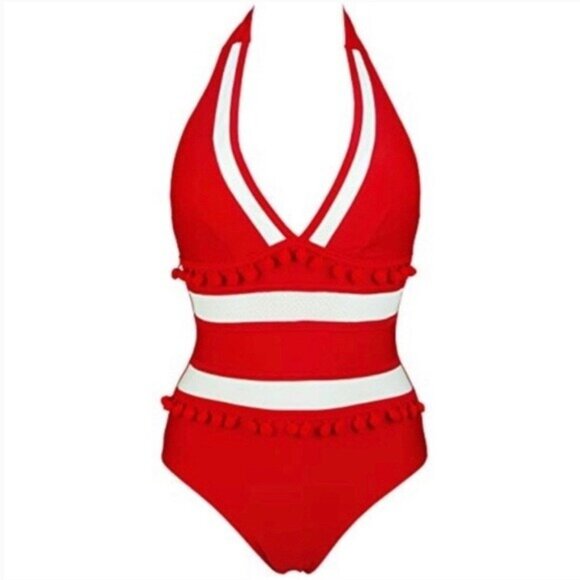 COCOSHIP Other - NWT COCOSHIP Plunging Neck One Piece Swimsuit Pom Pom Tassel 16 Red White